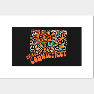 Connecticut State Design | Artist Designed Illustration Featuring Connecticut State Outline Filled With Retro Flowers with Retro Hand-Lettering Posters and Art